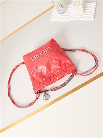 Cha.nel 22 Mini Handbag Shiny Calfskin Silver Tone Metal WaterMelon Red AS3980