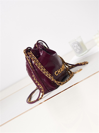 Cha.nel 22 Mini Handbag Shiny Calfskin Gold Tone Metal Burgundy AS3980