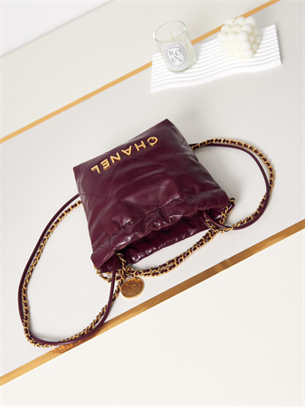 Cha.nel 22 Mini Handbag Shiny Calfskin Gold Tone Metal Burgundy AS3980