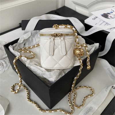 Cha.nel Vanity Case With Ball Lambskin Gold Tone Metal White AP1447