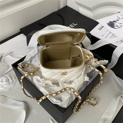 Cha.nel Vanity Case With Ball Lambskin Gold Tone Metal White AP1447