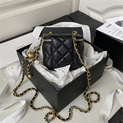 Cha.nel Vanity Case With Ball Lambskin Gold Tone Metal Black AP1447
