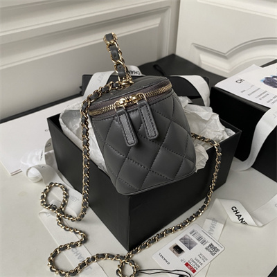 Cha.nel Vanity Case With Top Handle Lambskin Gold Tone Metal Dk Grey AP2199