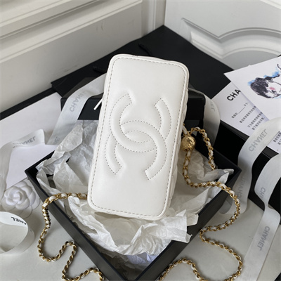 Cha.nel Vanity Case With Ball Lambskin Gold Tone Metal White AP2303