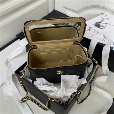 Cha.nel Vanity Case With Ball Lambskin Gold Tone Metal Black AP2303