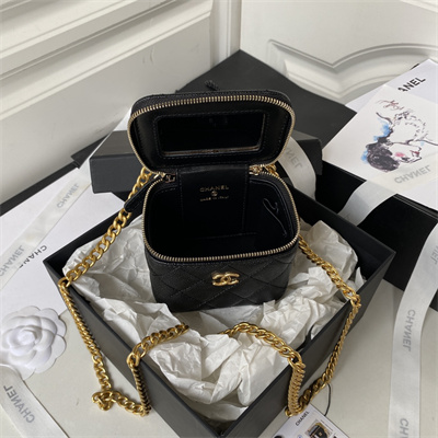 Cha.nel Vanity Case Grained Calfskin Gold Tone Metal Black AP3203