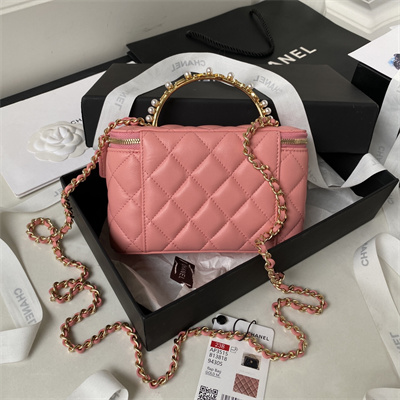 Cha.nel Vanity Case With Top Handle Lambskin Gold Tone Metal Pink AP3515