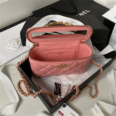 Cha.nel Vanity Case With Top Handle Lambskin Gold Tone Metal Pink AP3515