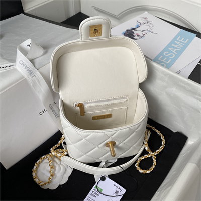 Cha.nel Vanity Case With Top Handle Lambskin Gold Tone Metal White AS3973
