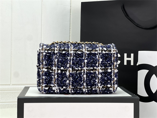 Cha.nel Mini Classic Flap Bag Tweed Gold Tone Metal Navy A01116