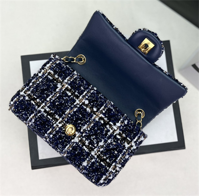 Cha.nel Mini Classic Flap Bag Tweed Gold Tone Metal Navy A01116