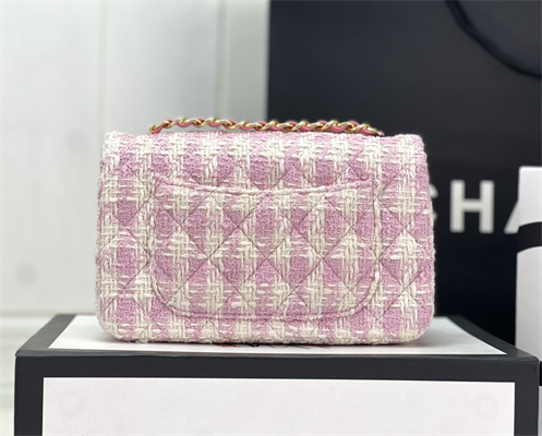 Cha.nel Mini Classic Flap Bag Tweed Gold Tone Metal Pink A01116