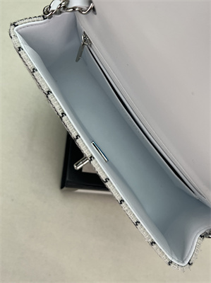 Cha.nel Mini Classic Flap Bag Tweed Silver Tone Metal White A01116