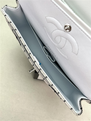 Cha.nel Medium Classic Flap Bag Tweed Silver Tone Metal White A01112