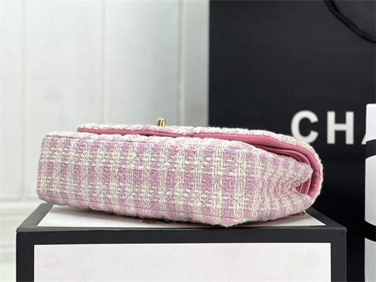 Cha.nel Medium Classic Flap Bag Tweed Gold Tone Metal Pink A01112