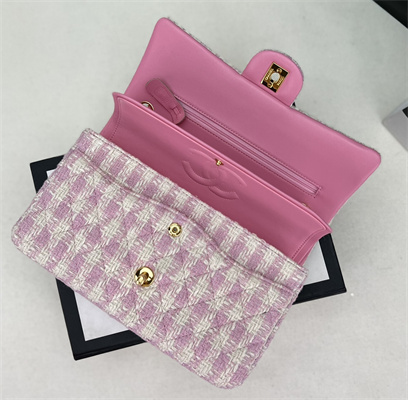 Cha.nel Medium Classic Flap Bag Tweed Gold Tone Metal Pink A01112
