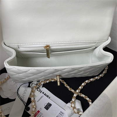 Cha.nel Mini Flap Bag With Top Handle Lambskin Gold Tone Metal White AS2431