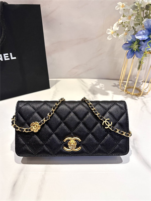 Cha.nel Clutch With Chain Grained Calfskin Gold Tone Metal Black AP3581