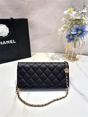 Cha.nel Clutch With Chain Grained Calfskin Gold Tone Metal Black AP3581