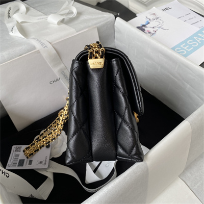 Cha.nel Small Flap Bag Calfskin Gold Tone Metal Black AS3994
