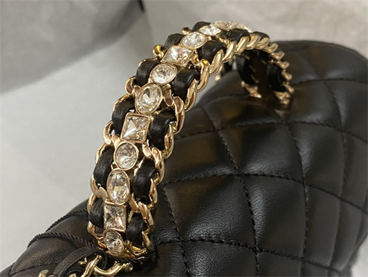 cha.nel mini flap bag with Di*m*nd top handle lambskin gold tone metal black as4140