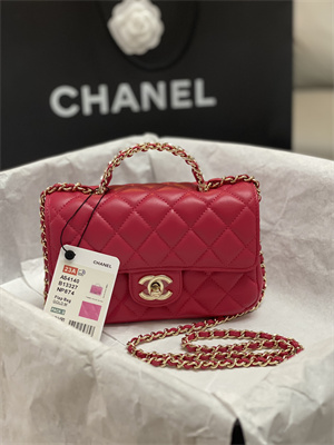 cha.nel mini flap bag with Di*m*nd top handle lambskin gold tone metal red as4140