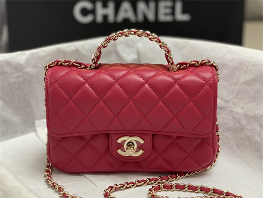cha.nel mini flap bag with Di*m*nd top handle lambskin gold tone metal red as4140