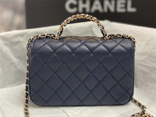cha.nel mini flap bag with Di*m*nd top handle lambskin gold tone metal navy as4140