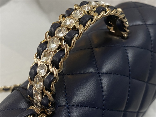 cha.nel mini flap bag with Di*m*nd top handle lambskin gold tone metal navy as4140