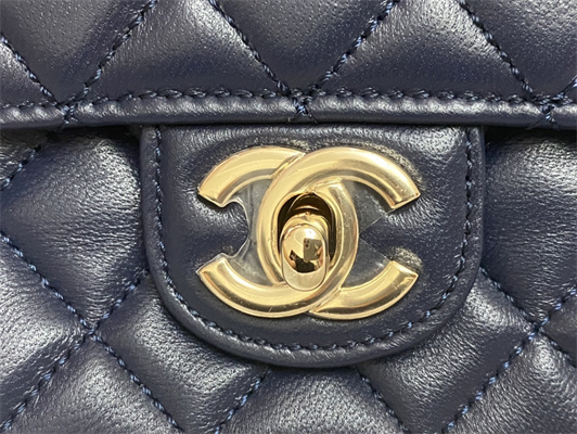 cha.nel mini flap bag with Di*m*nd top handle lambskin gold tone metal navy as4140