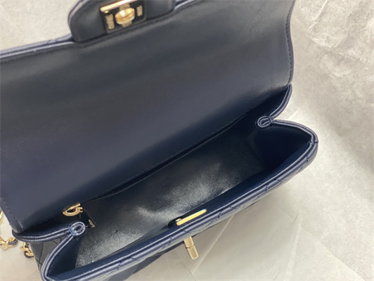 cha.nel mini flap bag with Di*m*nd top handle lambskin gold tone metal navy as4140