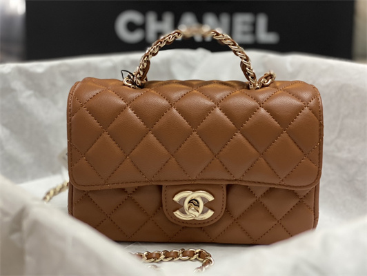 cha.nel mini flap bag with Di*m*nd top handle lambskin gold tone metal brown as4140