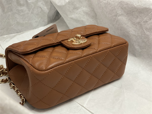cha.nel mini flap bag with Di*m*nd top handle lambskin gold tone metal brown as4140