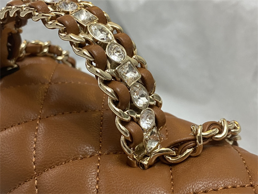 cha.nel mini flap bag with Di*m*nd top handle lambskin gold tone metal brown as4140