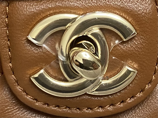 cha.nel mini flap bag with Di*m*nd top handle lambskin gold tone metal brown as4140