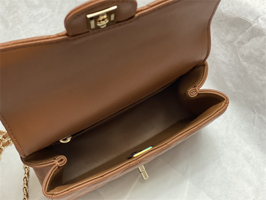 cha.nel mini flap bag with Di*m*nd top handle lambskin gold tone metal brown as4140