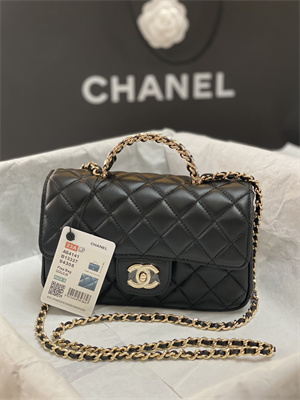 cha.nel small flap bag with Di*m*nd top handle lambskin gold tone metal black as4141