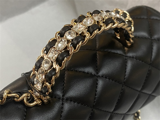 cha.nel small flap bag with Di*m*nd top handle lambskin gold tone metal black as4141