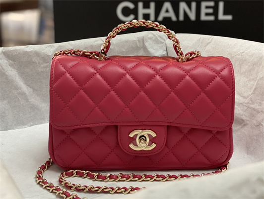 cha.nel small flap bag with Di*m*nd top handle lambskin gold tone metal red as4141