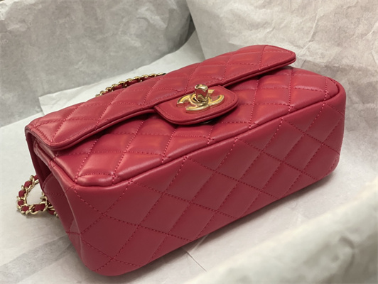 cha.nel small flap bag with Di*m*nd top handle lambskin gold tone metal red as4141