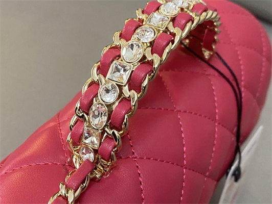 cha.nel small flap bag with Di*m*nd top handle lambskin gold tone metal red as4141