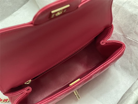 cha.nel small flap bag with Di*m*nd top handle lambskin gold tone metal red as4141