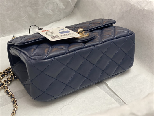 cha.nel small flap bag with Di*m*nd top handle lambskin gold tone metal navy as4141