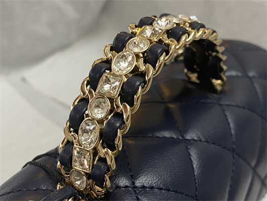 cha.nel small flap bag with Di*m*nd top handle lambskin gold tone metal navy as4141