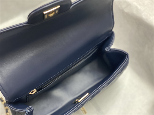 cha.nel small flap bag with Di*m*nd top handle lambskin gold tone metal navy as4141