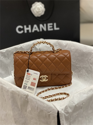 cha.nel small flap bag with Di*m*nd top handle lambskin gold tone metal brown as4141