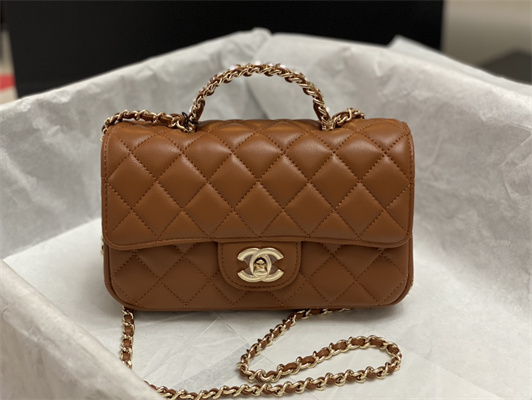 cha.nel small flap bag with Di*m*nd top handle lambskin gold tone metal brown as4141