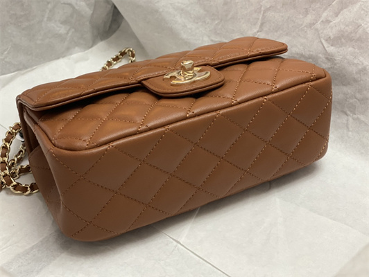 cha.nel small flap bag with Di*m*nd top handle lambskin gold tone metal brown as4141