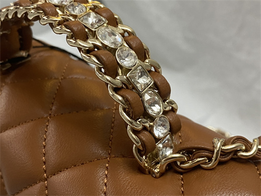 cha.nel small flap bag with Di*m*nd top handle lambskin gold tone metal brown as4141