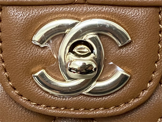 cha.nel small flap bag with Di*m*nd top handle lambskin gold tone metal brown as4141